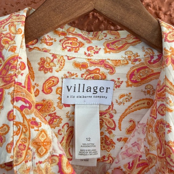 Women’s Orange and Pink Paisly Button Down Shirt Villager Liz Claiborne Size 12 - Picture 4 of 4